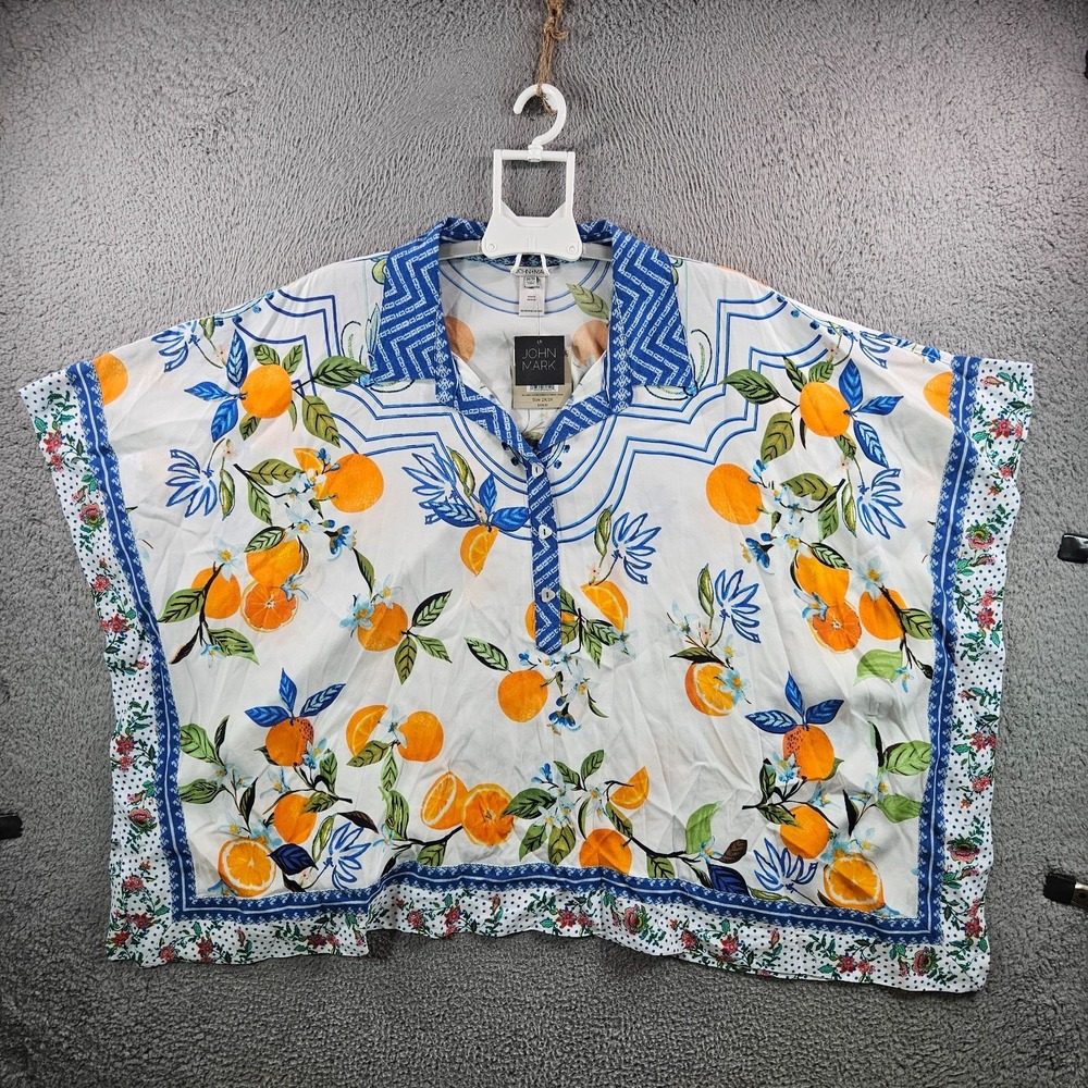NEW John Mark Shirt Top Women 2X 3X Poncho Style Orange 1/2 Button Colorful